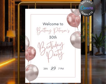 Editable White and Rose Gold Birthday Welcome Sign, Printable Rose Gold Birthday Party Sign, Elegant Pink Balloons Birthday Poster Template