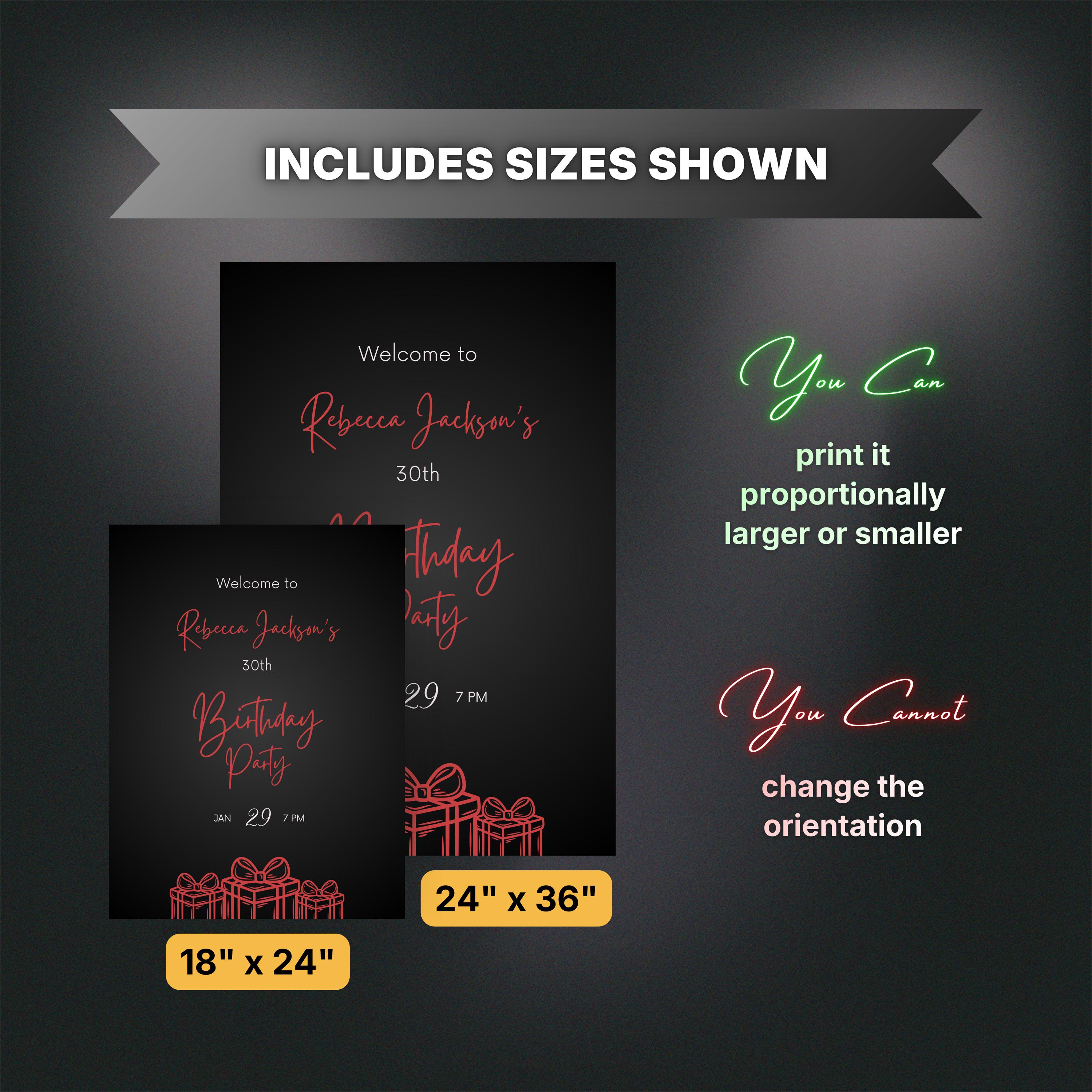 Editable Black and Ruby Red Birthday Welcome Sign, Printable Luxury ...