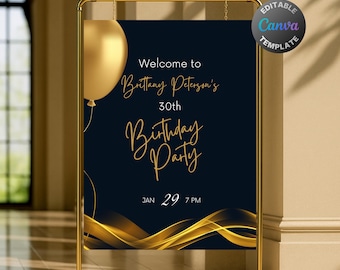 Letrero de bienvenida de cumpleaños editable en azul marino y dorado, letrero imprimible para fiesta de cumpleaños en azul marino, elegante plantilla de póster de cumpleaños con globos dorados.