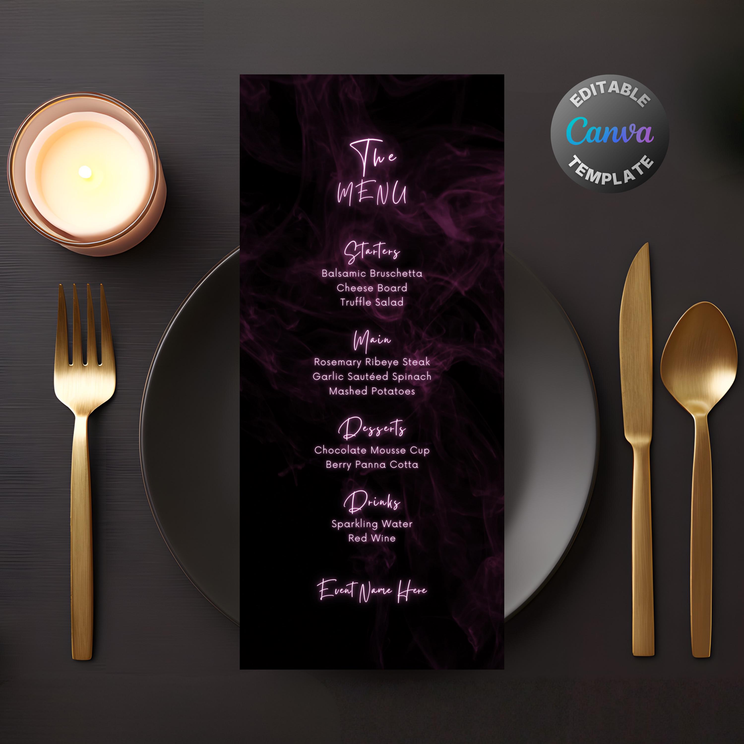Editable Purple Neon Menu, Printable Purple Dinner Menu, Classy Purple ...