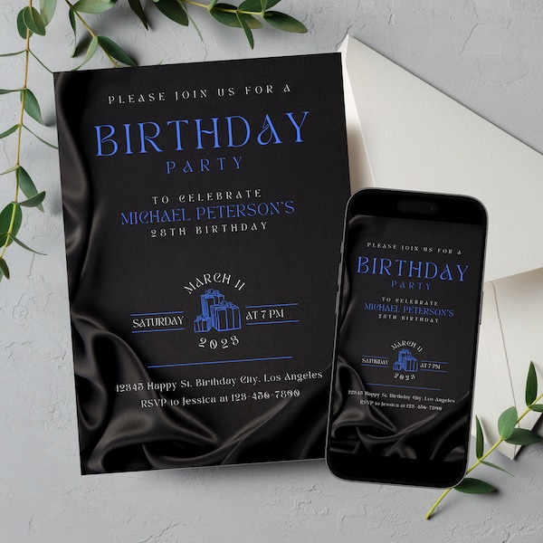 Editable Birthday Party Invitation, Printable Leather Black and Royal Navy Blue Invite Template, Bday Men Mobile Text Evite Digital Download