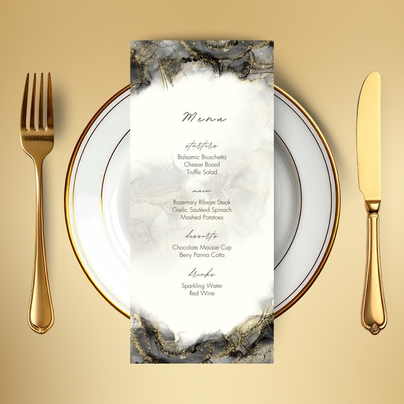 Editable Gold Glitter Menu, Printable White Gold Dinner Menu, Elegant ...