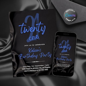 Editable Black and Blue Birthday Invitation for Men, Printable Navy Blue Birthday Party Invitation, Classy Satin Silk Text Invite Template image 2