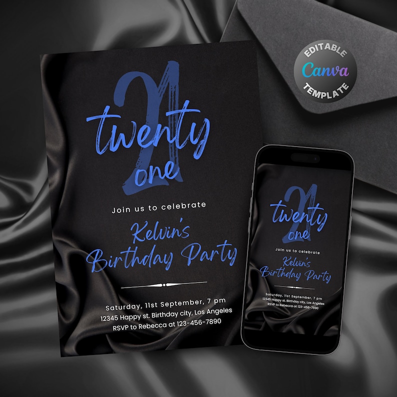Editable Black and Blue Birthday Invitation for Men, Printable Navy Blue Birthday Party Invitation, Classy Satin Silk Text Invite Template image 2