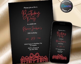 Editable Black and Ruby Red Birthday Invitation, Printable Luxury Black Birthday Party Invitation, Classy Red Gifts Text Invite Template