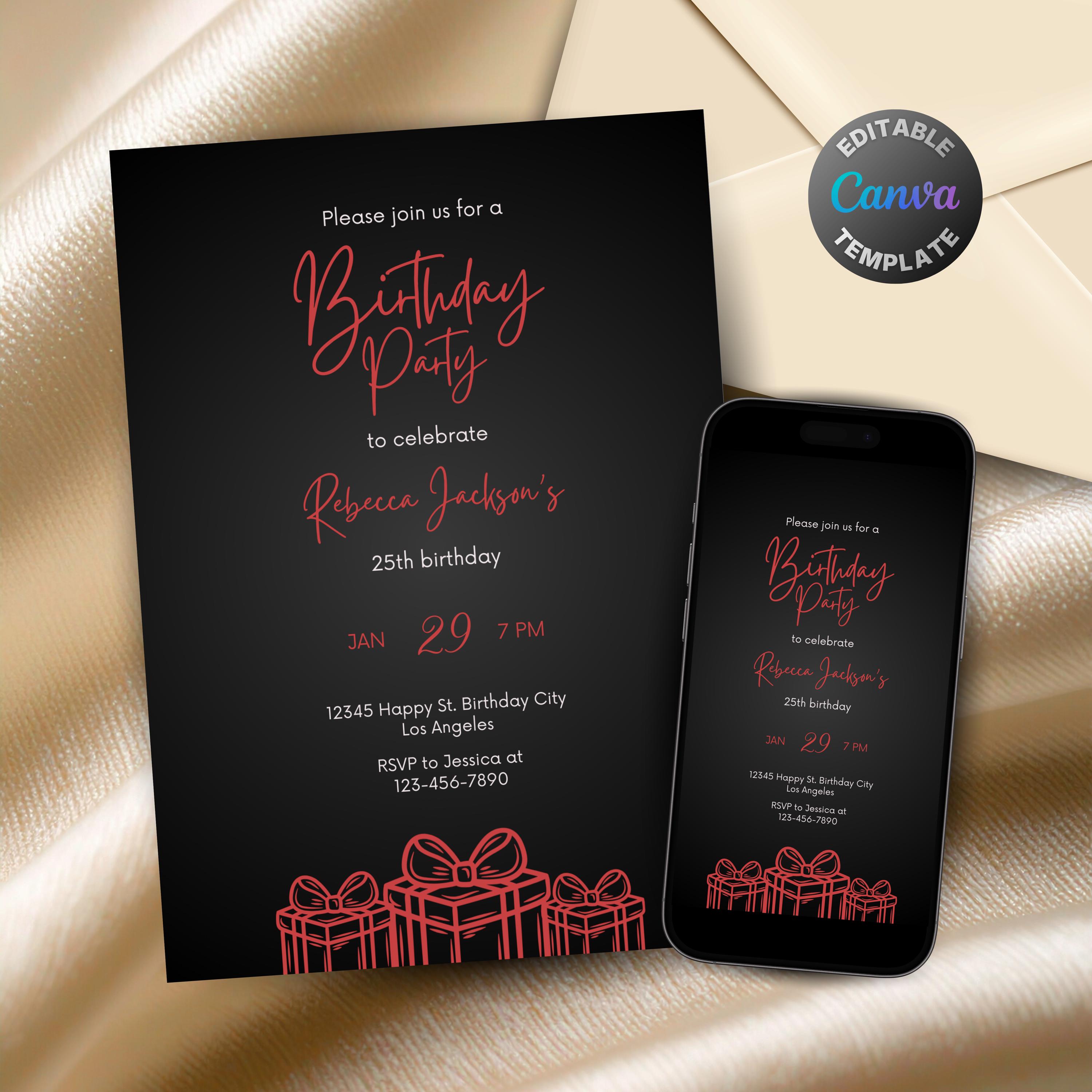 Ruby Ball Invite Editable Black and Ruby Red Birthday Invitation, Printable Luxury Black ...