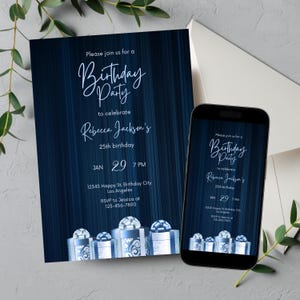 Editable Deep Blue Birthday Invitation, Printable Shades of Blue Birthday Party Invitation, Elegant Navy Blue Text Invite Template