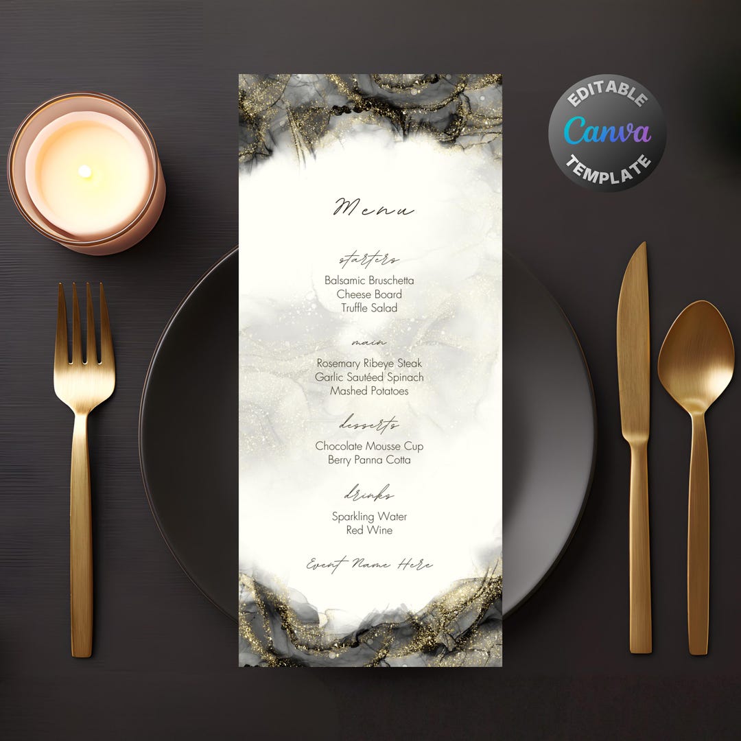 Editable Gold Glitter Menu, Printable White Gold Dinner Menu, Elegant ...