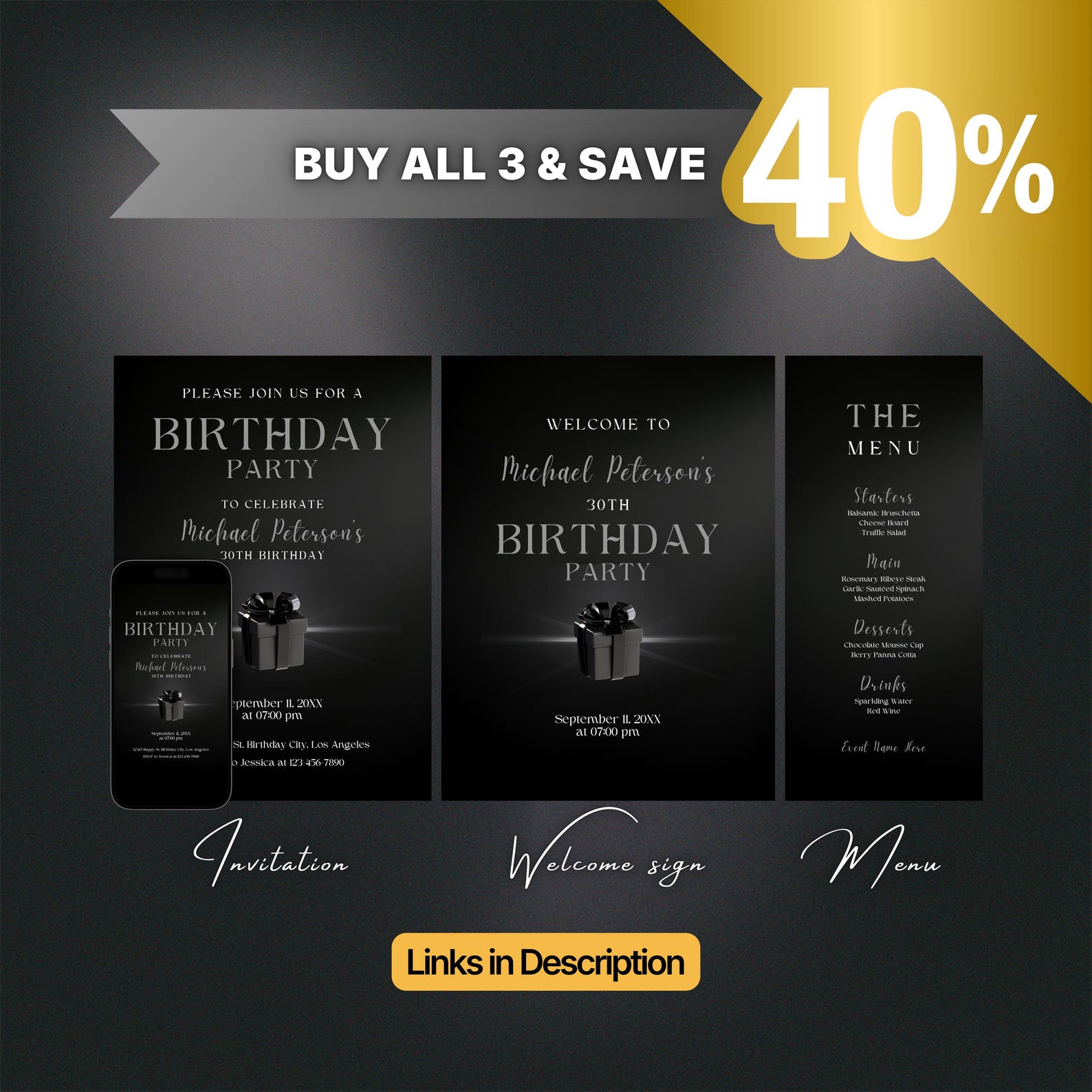 Editable All Black Birthday Invitation for Men, Printable Onyx Black ...