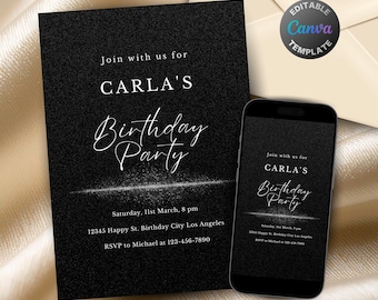 Editable Black Sparkle Birthday Invitation for Women, Printable Luxury Black Birthday Party Invitation, Elegant Silver Glitter Text Invite