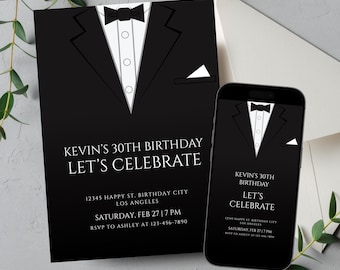 Invitación de cumpleaños editable con esmoquin, invitación formal