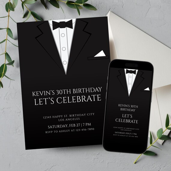 Invitación de cumpleaños editable con esmoquin, invitación formal
