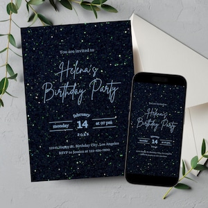 Editable Midnight Blue Birthday Invitation for Women, Feminine Navy Blue Glitter Bday Party Invite, Shades of Blue Digital Evite Template