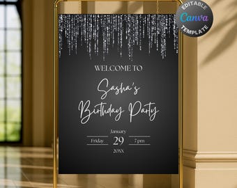 Editable Black and White Welcome Sign, Printable Silver Grey Birthday Party Welcome Poster, Classy Dripping Glitter Text Decoration Template
