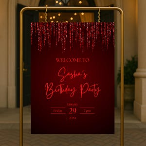 Editable Red Welcome Sign for Women, Printable Hot Red Birthday Party Welcome Poster, Classy Red Dripping Glitter Text Decoration Template