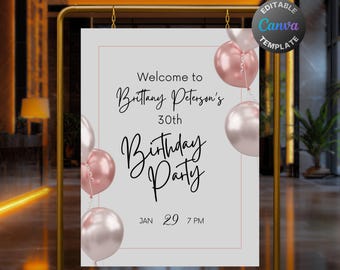 Editable Gray and Rose Gold Birthday Welcome Sign, Printable Silver Birthday Party Sign, Elegant Pink Balloons Birthday Poster Template