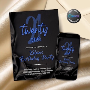 Editable Black and Blue Birthday Invitation for Men, Printable Navy Blue Birthday Party Invitation, Classy Satin Silk Text Invite Template image 1