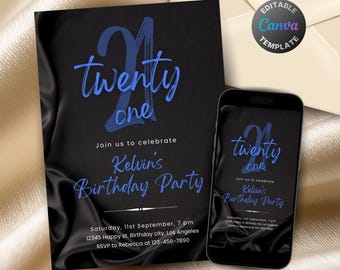 Editable Black and Blue Birthday Invitation for Men, Printable Navy Blue Birthday Party Invitation, Classy Satin Silk Text Invite Template