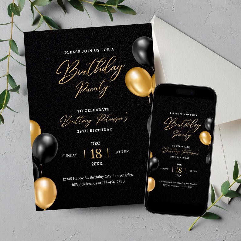 Editable Black and Gold Birthday Invitation, Printable Luxury Black ...