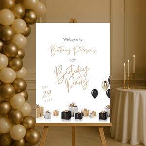 Editable White and Gold Birthday Welcome Sign, Printable All White Birthday Party Sign, Elegant Gold Balloons Birthday Poster Template