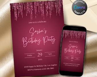 Editable Hot Pink Birthday Invitation for Women, Printable All Pink Birthday Party Invitation, Elegant Pink Glitter Text Invite Template