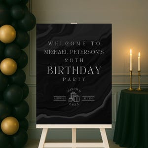 Editable Black and Silver Welcome Sign for Men, Printable All Black Birthday Party Welcome Poster, Classy Marble Text Decoration Template