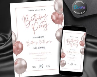 Editable White and Rose Gold Birthday Invitation, Printable Rose Gold Birthday Party Invitation, Elegant Pink Balloons Text Invite Template