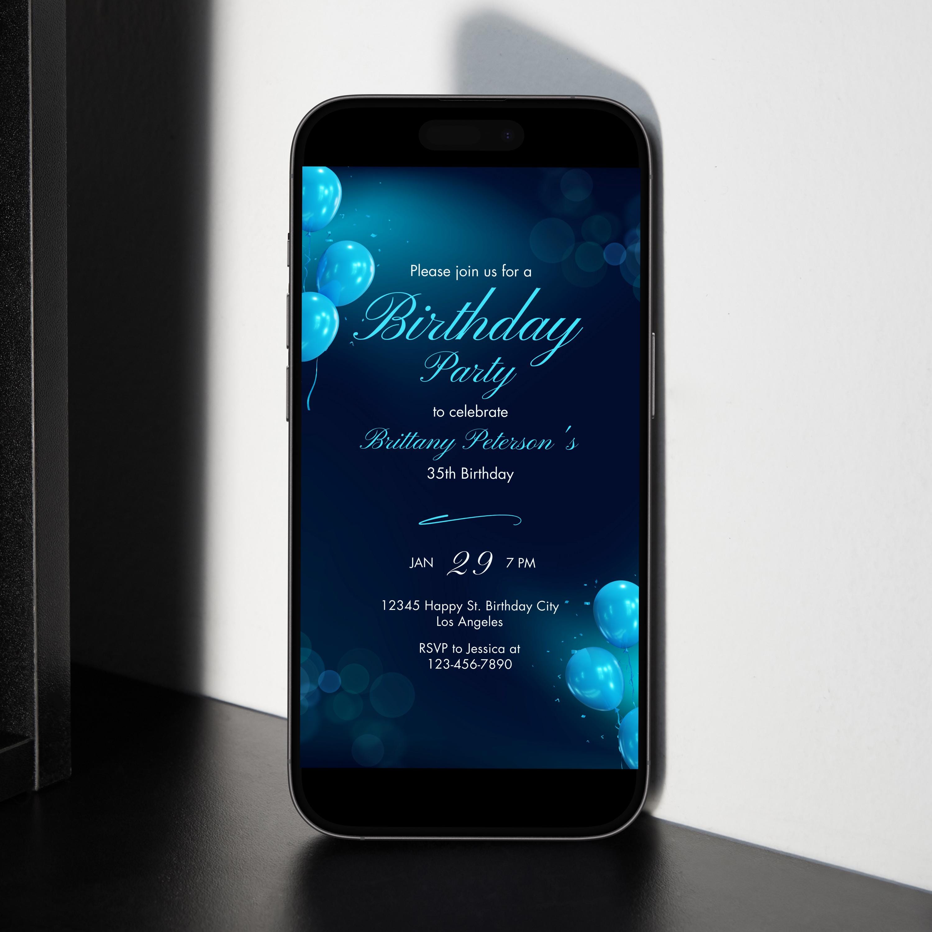 Editable Blue Birthday Invitation Printable Deep Blue Birthday Party