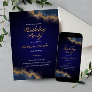 Editable Navy Blue Birthday Invitation, Printable Blue and Gold Birthday Party Invitation, Classy Golden Glitter Text Invite Template