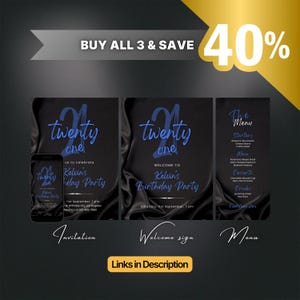 Editable Black and Blue Birthday Invitation for Men, Printable Navy Blue Birthday Party Invitation, Classy Satin Silk Text Invite Template image 3