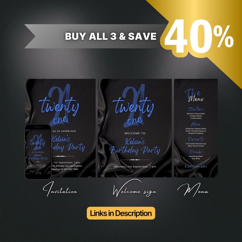 Editable Black and Blue Birthday Invitation for Men, Printable Navy Blue Birthday Party Invitation, Classy Satin Silk Text Invite Template image 3