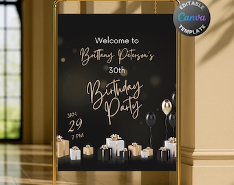 Editable Black and Gold Birthday Welcome Sign, Printable All Black Birthday Party Sign, Classy Gold Balloons Birthday Poster Template