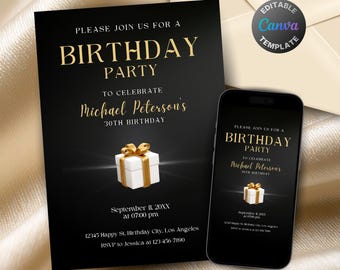 Editable Golden Gift Birthday Invitation for Men, Printable Black and Gold Birthday Party Invitation, Classy Black Text Invite Template