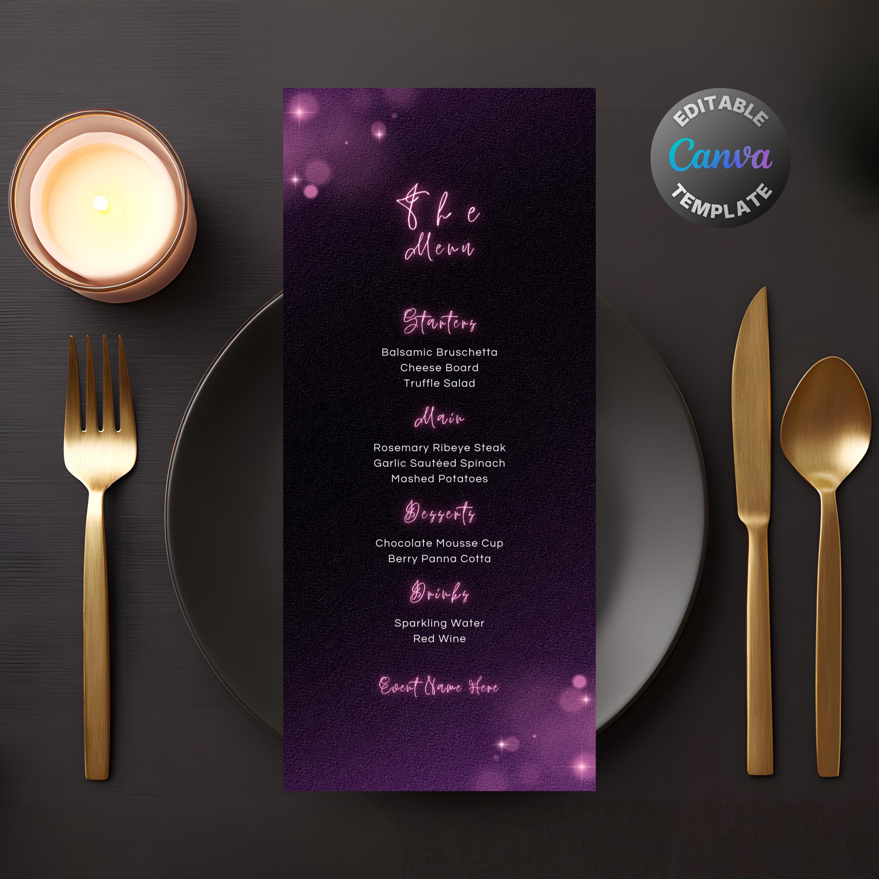Editable Purple Neon Menu, Printable Purple Dinner Menu, Elegant Neon ...