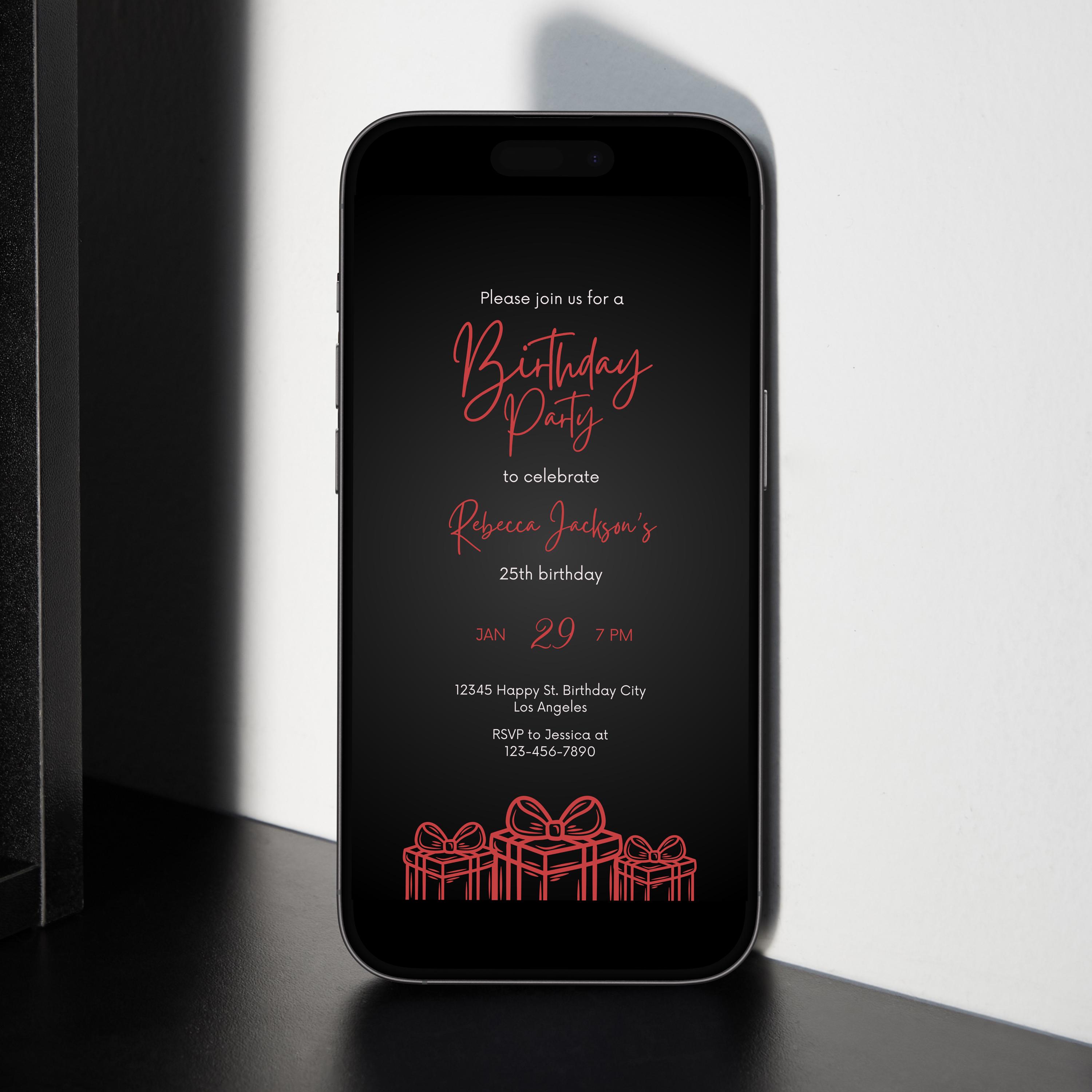 Ruby Ball Invite Editable Black and Ruby Red Birthday Invitation, Printable Luxury Black ...