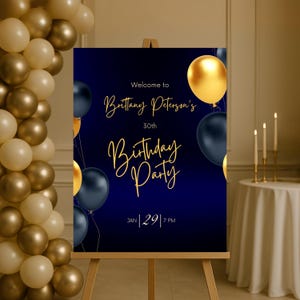 Editable Blue and Gold Birthday Welcome Sign for Men, Printable Navy Blue Birthday Party Sign, Classy Balloons Birthday Poster Template