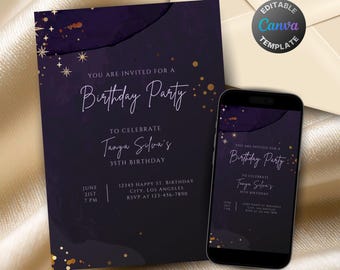 Editable Midnight Purple Birthday Invitation for Women, Feminine Starry Gold Glitter Bday Party Invite, Plum Purple Digital Evite Template