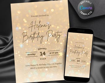 Editable All Gold Birthday Invitation for Women, Feminine Gold Glitter Bday Party Invite, Shades of Beige Sparkle Digital Evite Template
