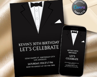 May include: Black and white birthday invitation featuring a tuxedo design. The invitation includes the text "Kevin's 30th Birthday, Let's Celebrate" and event details. A smartphone displays a matching design. The Canva template is editable.
