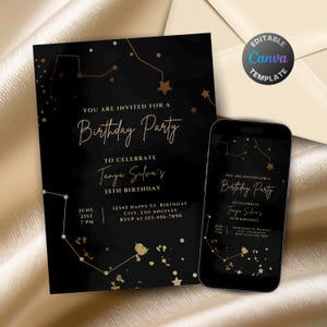 Editable Gold Celestial Stars Birthday Invitation for Women, Feminine Black Bday Party Invite, Gold Celestial Constellation Digital Evite
