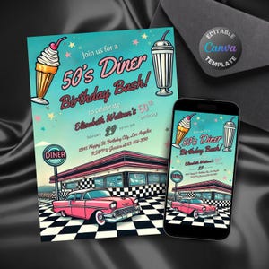 Könnte beinhalten: Eine Einladung im Retro-Stil für eine 50er-Jahre Diner-Geburtstagsparty. Die Einladung zeigt Illustrationen eines rosa Oldtimers, eines Diners und eines Milchshakes. Der Text enthält die Veranstaltungsdetails und "EDITABLE Canva TEMPLATE".