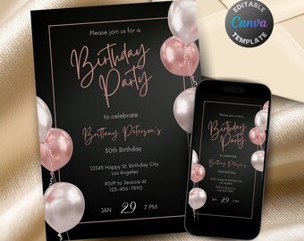 Editable Black and Pink Birthday Invitation for Women, Printable All Black Birthday Party Invitation, Elegant Balloons Text Invite Template