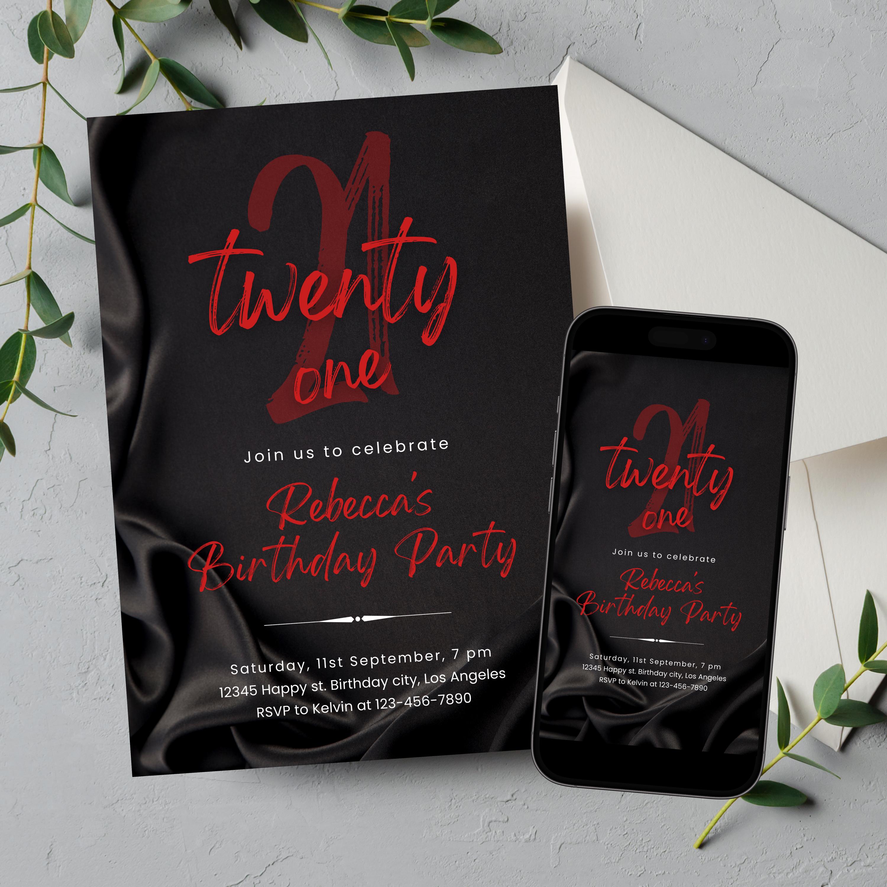 Editable Black and Red Birthday Invitation, Printable Black and Hot Red Birthday Party Invitation, Classy Satin Silk Text Invite Template