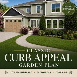 May include: A two-story house with a green exterior, brown garage door, and a winding walkway. The image features a garden plan with the text "Classic Curb Appeal Garden Plan" and the words "Instant Download".