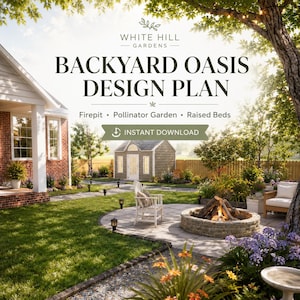 May include: A garden design plan featuring a house, lawn, and the text "Backyard Oasis Design Plan". The plan includes a firepit, pollinator garden, and raised beds. The image shows a fire pit, seating, and a small shed in a garden setting.
