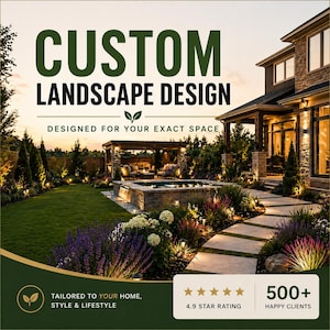 May include: An image promoting custom landscape design services. The text "CUSTOM LANDSCAPE DESIGN" is prominently displayed. The image showcases a beautifully designed outdoor space with a pool, patio, and lush landscaping, with the text "DESIGNED FOR YOUR EXACT SPACE".