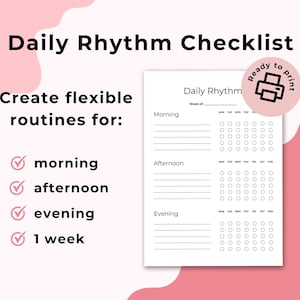 Puede incluir: Lista de verificación de ritmo diario imprimible con un diseño en blanco y negro. La lista incluye secciones para la mañana, la tarde y la noche, con una cuadrícula para cada día de la semana. El texto "Listo para imprimir" está en un círculo con un icono de impresora.