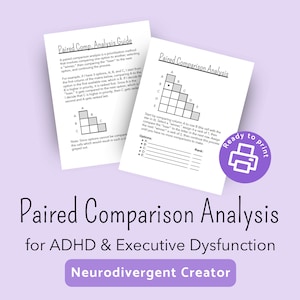 May include: Black and white printable worksheet with the title "Paired Comparison Analysis" and instructions for a paired comparison analysis method. The worksheet includes a grid with letters A through E and a section for ranking the options.