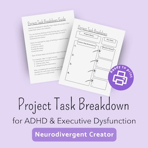 Pode incluir: Folha de trabalho imprimível intitulada "Guia de Desagregação de Tarefas do Projeto" com uma ilustração em preto e branco de um ícone de impressora. A folha de trabalho é projetada para ajudar a dividir projetos grandes em etapas menores e mais gerenciáveis. O texto "Pronto para Imprimir" está escrito em um círculo ao redor do ícone da impressora.