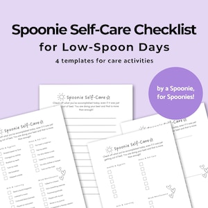 Puede incluir: Cuatro listas de verificación imprimibles en blanco y negro tituladas "Spoonie Self-Care" con un gráfico de sol y estrella. Las listas de verificación están diseñadas para ayudar a las personas con enfermedades crónicas a realizar un seguimiento de sus actividades de autocuidado. El texto "by a Spoonie, for Spoonies!" aparece en un cuadro morado.